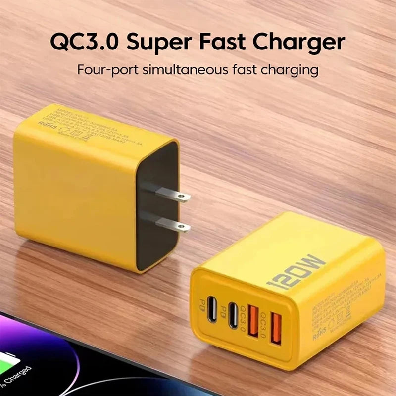 120W Fast Charging 4 Ports Mobile Phone Charger QC3.0 USB Type C Chargers Dual PD USB Wall Adapter EU/US Plug for iPhone Samsung