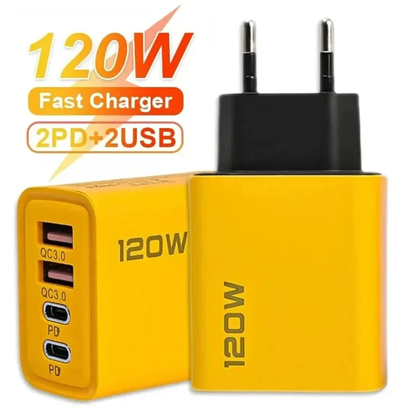 120W Fast Charging 4 Ports Mobile Phone Charger QC3.0 USB Type C Chargers Dual PD USB Wall Adapter EU/US Plug for iPhone Samsung