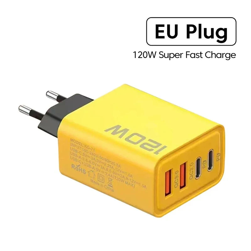 120W Fast Charging 4 Ports Mobile Phone Charger QC3.0 USB Type C Chargers Dual PD USB Wall Adapter EU/US Plug for iPhone Samsung